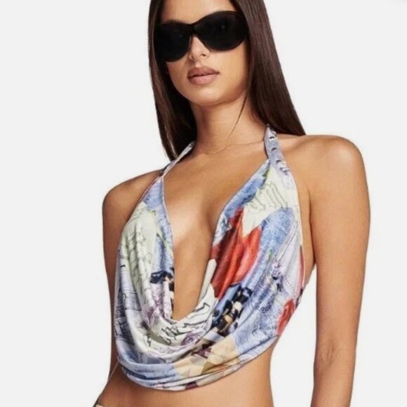 I.AM.GIA Sasha Cherry Print Drape Top Cowl Neck Halter Open-back - Picture 2 of 8